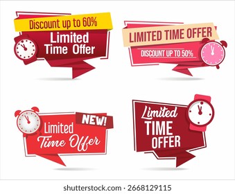 Ícone de oferta limitada com contagem regressiva. Faixa para promoção de venda. Super rótulo promocional com despertador e palavra. Oferta especial. 