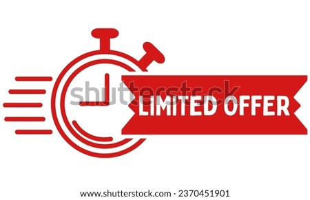 Limited offer icon with time countdown. Super promo label with alarm clock and word. Last offer banner for sale promotion. Red flat sticker hurry deal. Auction tag. Last minute chance stamp. vector