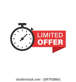 Limited offer label icon in flat style. Discount banner with clock vector illustration on isolated background. Sale sign business concept.