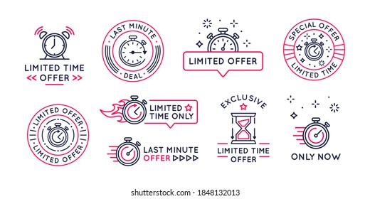 Limited Offer logos, stickers, buttons design. Last minute offer stickers template for social media. Trendy modern design with stopwatch or clock icon. Labels for sale, shopping. Vector illustration 