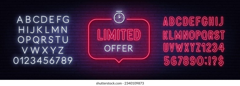 Limited Offer neon sign in the speech bubble on brick wall background. White and red neon alphabets.