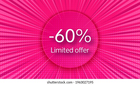 Limited offer pink halftone banner with a 60% discount . White numbers in pink circle on comic book background. Vector illustration
