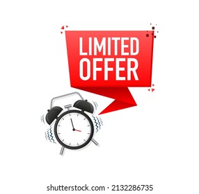 Limited offer red banner on white background. Clock icon. Vector illustration