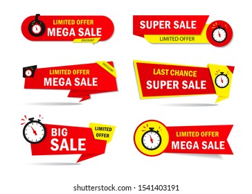 Limited offer sale tags with clock, time. Special discount price badge for promotion, retail, shop. Sticker, promo label, ribbon or flyer icon. Red limited sales offer banner. vector isolated design