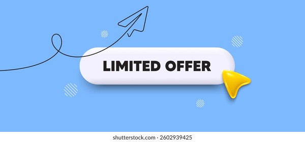 Limited offer search bar. Share plane line icon. Limited offer symbol. Special promotion sign. Shopping sale. Search button with 3d cursor. Vector