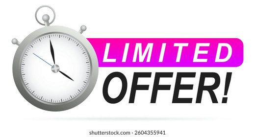 Limited offer set icon. Clock with purple banner shows flash sale, urgency, countdown, special promotion, and time-based discount.