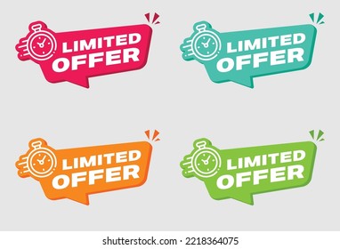 Limited Offer Sign. Red Blue Green Orange. Sticker With Timer Icon. Limited Offer Banner On White Background