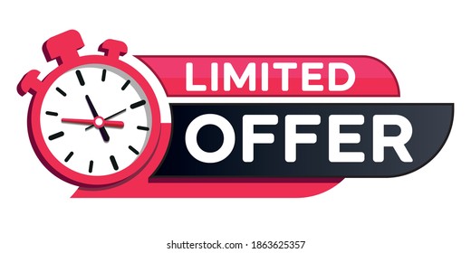 Limited offer tag with a clock for promotion, banner, price. Banner ribbon limited offer with stop watch. Countdown timestamp for sale offers, special offer. Limited time alarm clock. 
