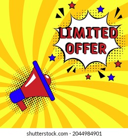 Limited offer text.  Comic book explosion with text Limited offer, vector illustration. Sale promotion symbol. Vector bright cartoon illustration in retro pop art style. 