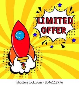Bescheidener Angebotstext.  Comic Buch Explosion mit Text Limited Angebot, Vektorgrafik. Verkaufsförderungssymbol. Vektorhelle Cartoon-Illustration im Retro-Pop-Art-Stil. 