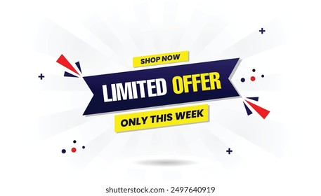 Limited offer this weekend: Shop now with a vibrant banner design featuring white background, dark and light blue gradient, and yellow red elements for eye catching vector art