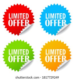 Limited offer vector stickers set isolated on white background, curled postit papers