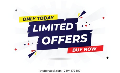 Limited offers today only! Buy now with this eye-catching banner design featuring a white background, dark blue, shine red, and light yellow vector art shapes offer, banner, discount, sale, icon