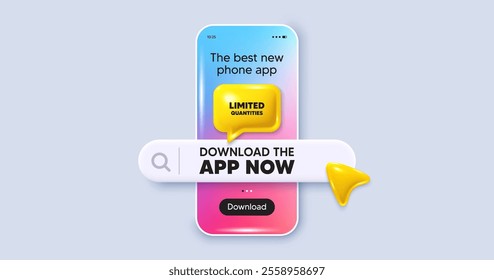 Limited quantities tag. Phone mockup screen. Download the app now. Special offer sign. Sale promotion symbol. Phone download app search bar. Limited quantities text message. Vector