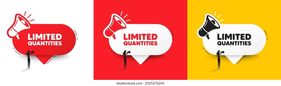 Limited quantities tag. Speech bubble with megaphone and woman silhouette. Special offer sign. Sale promotion symbol. Limited quantities chat speech message. Woman with megaphone. Vector
