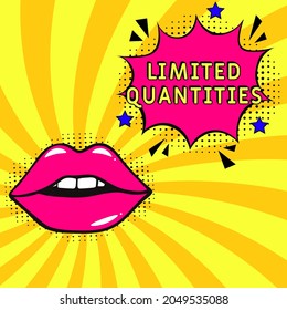 Limited quantities  text. Comic book explosion with text Limited quantities, vector illustration. Sale promotion symbol. Vector bright cartoon illustration in retro pop art style. 