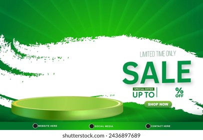 limited sale discount template banner with blank space 3d podium for product sale with abstract gradient green and white background design