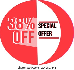 Limited sale offer. The discount with the price is 38%. Discount ad on a red round sticker. Round emblem of discount for sales. Shopping market poster design. Vector illustration.