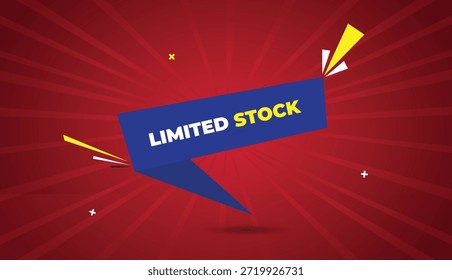 Limited Stock Web-Banner Vektor-Vorlage mit fett blauen Formen gelb weiß Text dunkelrot Lichter hellen Sonnenschein abstrakten Geschäftshintergrund ideal für Verkaufsförderung bieten Branding Marketing Display Design Print digitale Anzeigen Kampagne visuell