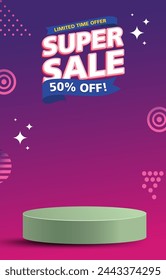 limited super sale discount portait template banner with 3d podium for product sale social media with abstract gradient purple background design1