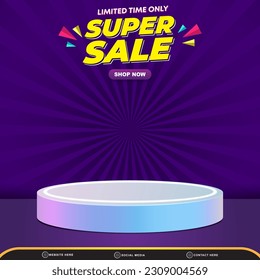 limited super sale discount for social media post template banner with copy space 3d podium for product with abstract gradient blue and purple background design