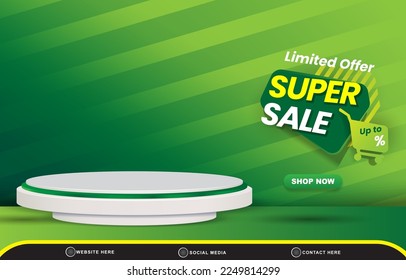 limited super sale discount tempate banner with blank space 3d podium for product sale with abstract gradient green and yellow background design