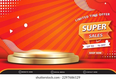 limited super sale discount template banner with copy space 3d podium for product sale with abstract gradient red and orange background design