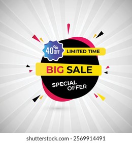 Limited Time Big Sale 40% off Special Offer Banner Design Vector Illustration. Special Offer Big sale Poster Or Limited Time Tag For Web Media And Market. Super Sale creative Black and Yellow banner.