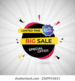 Limited Time Big Sale 40% off Special Offer Banner Design Vector Illustration. Special Offer Big sale Poster Or Limited Time Tag For Web Media And Market. Super Sale creative Black and Yellow banner.