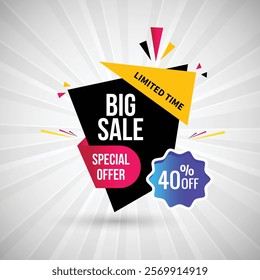 Limited Time Big Sale 40% off Special Offer Banner Design Vector Illustration. Special Offer Big sale Poster Or Limited Time Tag For Web Media And Market. Super Sale creative Black and Yellow banner.