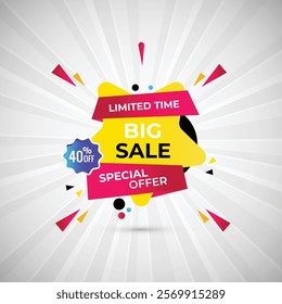 Limited Time Big Sale 40% off Special Offer Banner Design Vector Illustration. Special Offer Big sale Poster Or Limited Time Tag For Web Media And Market. Super Sale creative Black and Yellow banner.