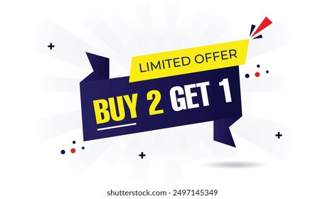 Limited time Buy 2 Get 1 Free offer banner with white background, dark blue and light blue gradient shine, and yellow vector art shapes offer, discount, promotion, web, retail, clearance, sale, button