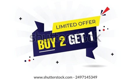 Limited time Buy 2 Get 1 Free offer banner with white background, dark blue and light blue gradient shine, and yellow vector art shapes offer, discount, promotion, web, retail, clearance, sale, button