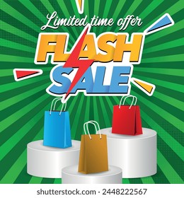 Limited Time Flash Sale Offer with Green Background. End of Season Sale. Shopping Bags. Best Saving Offer Sale. 