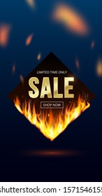 Limited time golden sale, button shop now and realistic fire flames banner. Burning light effect vertical black friday design template, price tag, web, shopping, discount, promo. Vector Illustration