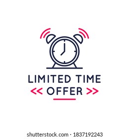 Logotipo, pegatina, diseño de botón de tiempo limitado. Plantilla de botón de oferta de tiempo limitado para medios sociales, diseño web. Diseño de moda con cronómetro o icono de reloj. Ilustración del vector
