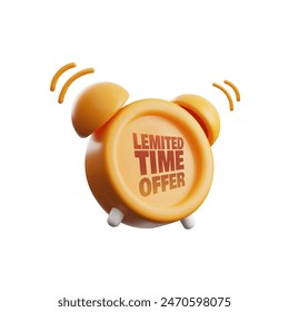 Limited Time Offer 3D alarm clock icon. Vector illustration of a vivid yellow alarm clock with LIMITED TIME OFFER text on the face, emphasizing urgency and promotional deadlines.