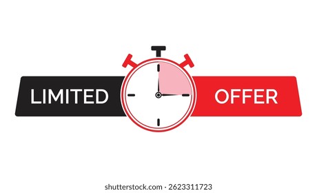 limited time offer banner with stopwatch icon showing urgency in flat style, black and red label for promotions or flash sale designs