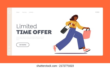 Limited Time Offer Landing Page Template. Student, Office Worker, Businesswoman Character Hurry, Running Girl with Handbag Late at Bus, Shopping Sale. Cartoon People Vector Illustration