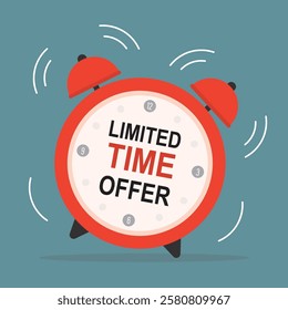 Limited time offer. Time is running out, text with alarm clock. Deadline ending soon, background. Jumping stopwatch, promo label with alarm. Sale promotion sign, banner template. vector illustration