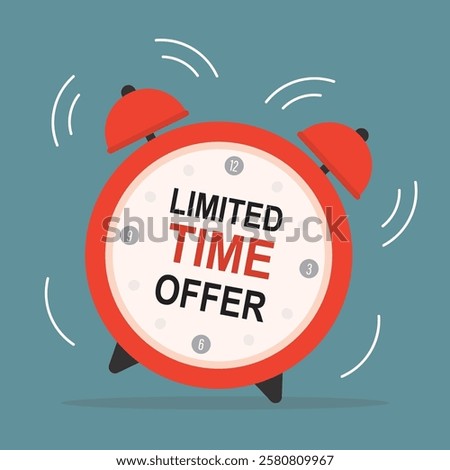 Limited time offer. Time is running out, text with alarm clock. Deadline ending soon, background. Jumping stopwatch, promo label with alarm. Sale promotion sign, banner template. vector illustration