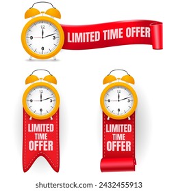 limited time offer sign bundle with 3d orange alarm clock and red ribbon. vector illustration