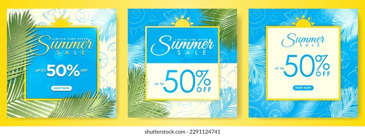 Oferta de Tiempo Limitado Carteles De Venta De Verano. Cartel colorido de la venta de verano con hasta 50% de etiqueta de texto y botón de compra ahora. El concepto de venta de verano es sencillo pero colorido. Hojas de palma, elementos tropicales dibujados a mano.