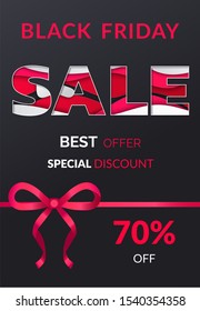 Limited time only, black Friday cyber, big sale, buy now poster. Special shopping promotion card decorated by ribbon and bow in red color. Promo font and Black friday logo. Flyer shopping advertising
