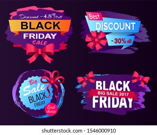 Limited time only, black Friday cyber, big sale, buy now poster. Special shopping promotion lable decorated by bow in red color. Promo font and Black friday logo on sticker. Flyer shopping advertising