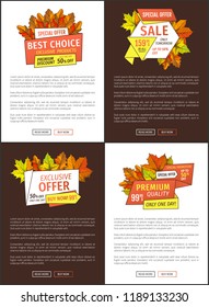 Limited time only buy now discount promo coupons, text. Autumn or fall, half price advertising online poster foliage and green and orange leaves vector