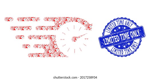 Limited Time Only rubber round stamp seal and vector fractal collage time. Blue stamp includes Limited Time Only tag inside round shape. Vector collage is composed from randomized time icons.