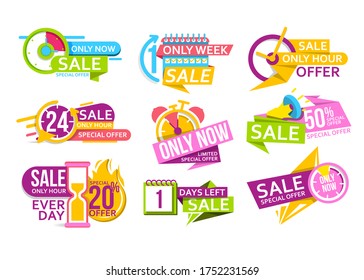 Limited time sale. Countdown banner to special offer of discount and super sale. Last day tag, only now offer badge. Promotional sticker with clock count for limited shopping deal.