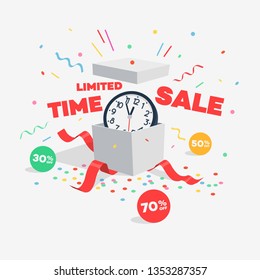 Limited time sale discount symbol with open gift, wall clock, discount labels and flying confetti. Easy to use for your design or banner with transparent shadows.