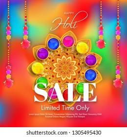 Limited time sale poster or banner design with top view of color bowls on mandala decorated blurry background for Holi festival celebration.